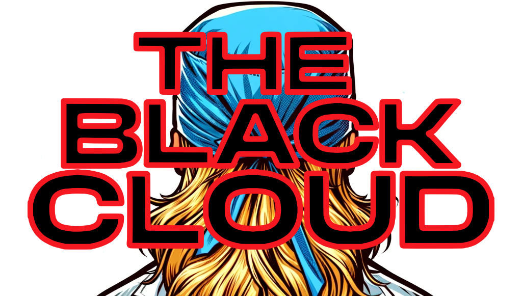 Auto-generated description: A person wearing a blue cap is seen from behind with the text THE BLACK CLOUD in bold red letters overlaying the image.